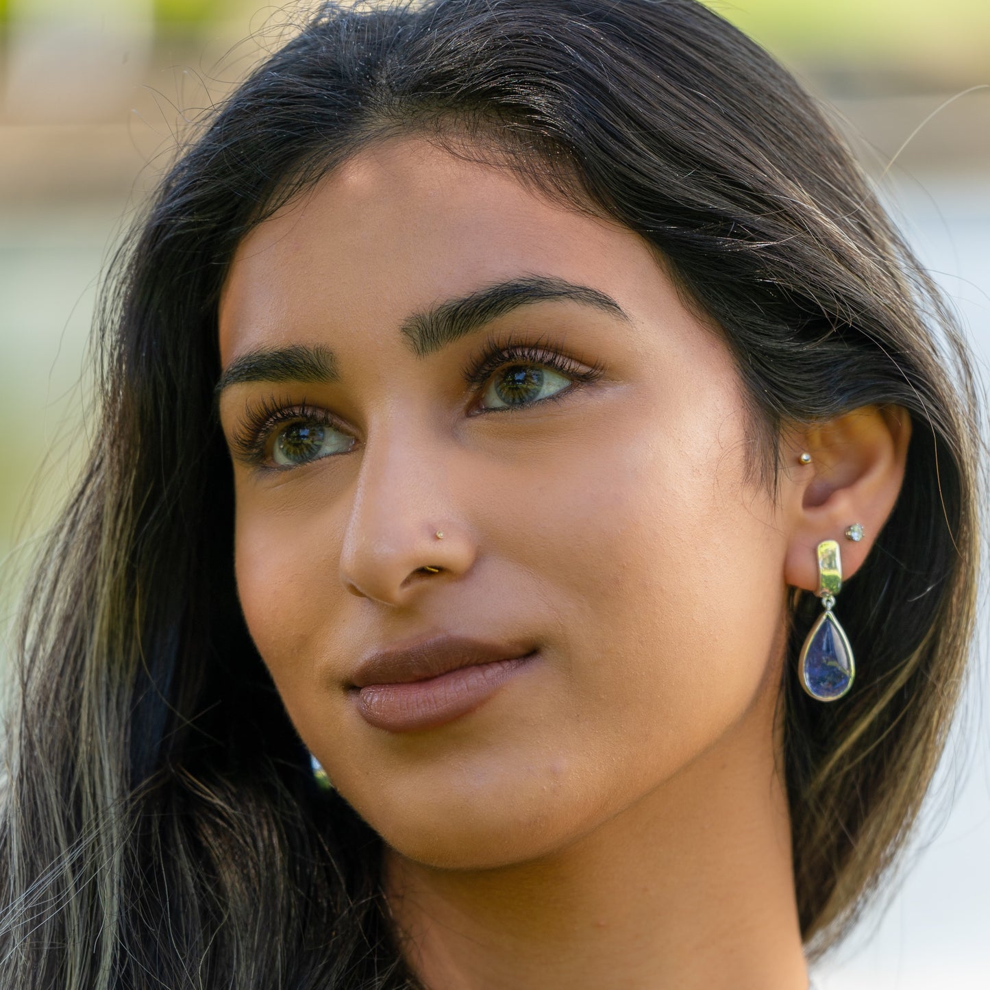 Tanzanite cabochon and sterling silver pear drop earrings
