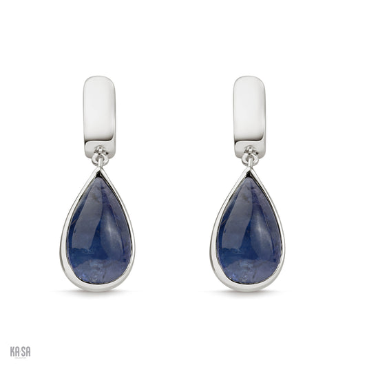 Tanzanite cabochon and sterling silver pear drop earrings