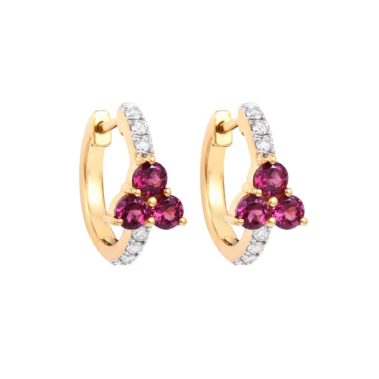 Rhodolite and diamond huggie earrings in 14K yellow gold