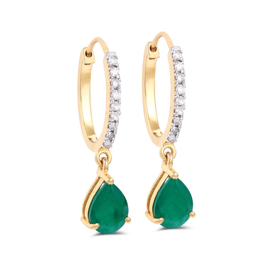 Emerald and diamond dangle earrings in 14K yellow gold