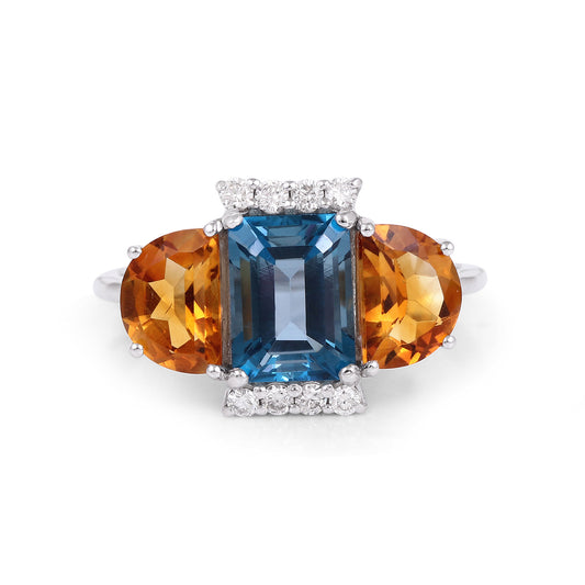 London blue topaz, citrine and diamond ring in 14K white gold