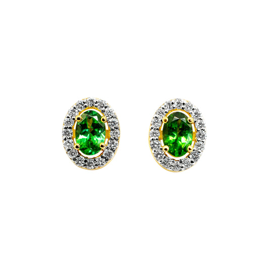 Tsavorite and diamond halo stud earrings in 18K yellow gold